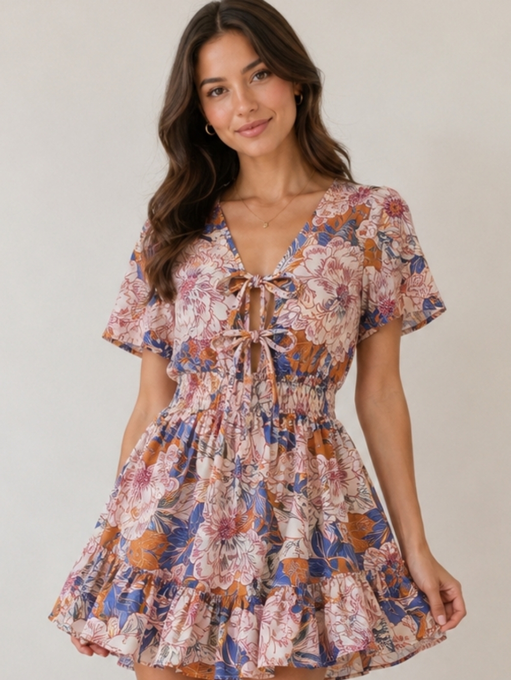 Band of the Free Floral Mini Dress Size Small Blue Pink Boho Flutter Sleeve